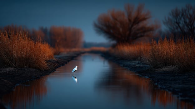 Lone egret stands in calm waterway at dusk in Nature photo