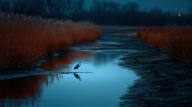 Gray heron standing in water at dusk in Danube Delta photo