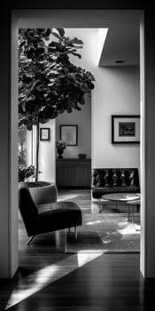 Black and white living room with modern furniture at daytime photo