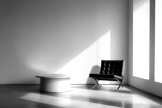 Modern living room with Black Barcelona chair and white round table photo