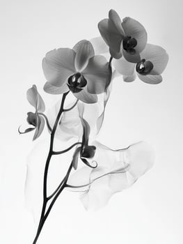 A graceful black and white photograph of an orchid plant photo