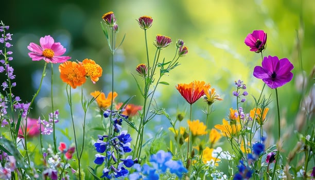 Colorful wildflowers are blossoming brightly in a lovely sunny garden space photo