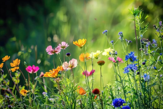 Beautiful vibrant wildflowers blooming in a sunlit green field photo