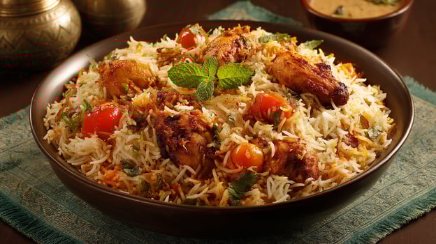 Biryani image served on plate with tender chicken and rice photo