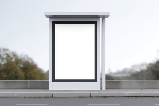 Empty bus stop mock up with blank advertising space, situated along a quiet street, surrounded by trees and soft natural light, ideal for promotional designs and creative projects photo