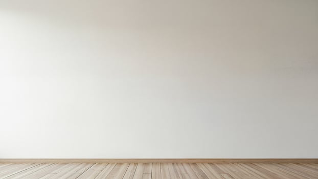 Isolated empty room with a plain white wall and wooden floor, suitable for interior design presentations or mockups.Context for showcasing products or creative projects. photo