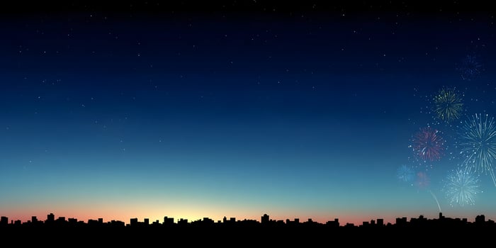 Cityscape Silhouette with Fireworks and Sunset Night Sky photo