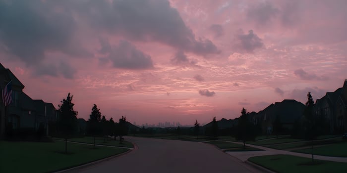 Suburban Homes Pink Sunset Skyline View Residential Area Evening Dusk photo