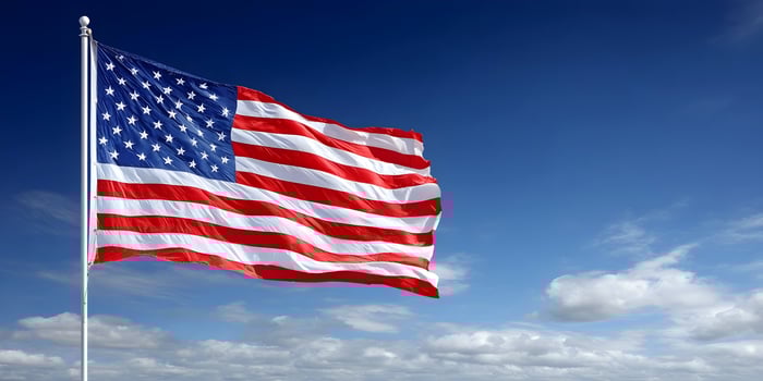 American Flag Waving Blue Sky White Clouds Patriotic Image photo