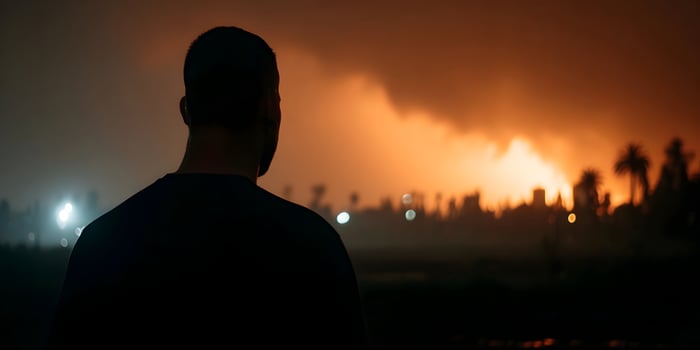 Man Silhouetted Against Night Fire Blaze Cityscape photo