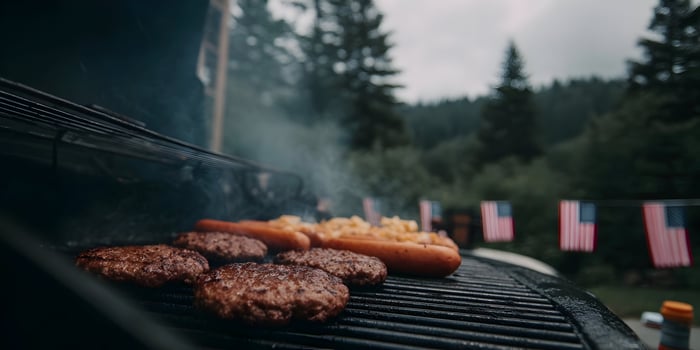 Grilling Burgers Hot Dogs and Onions Outdoors Fathers Day photo