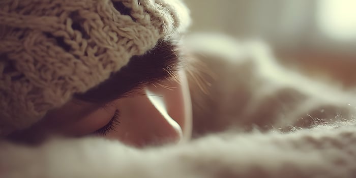 Closeup Girl Sleeping Knitted Hat Beige Sweater Soft Cozy Warm Winter photo