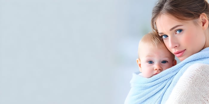 Mother and Baby Close Up Portrait Tender Moment Blue Knitted Wrap photo