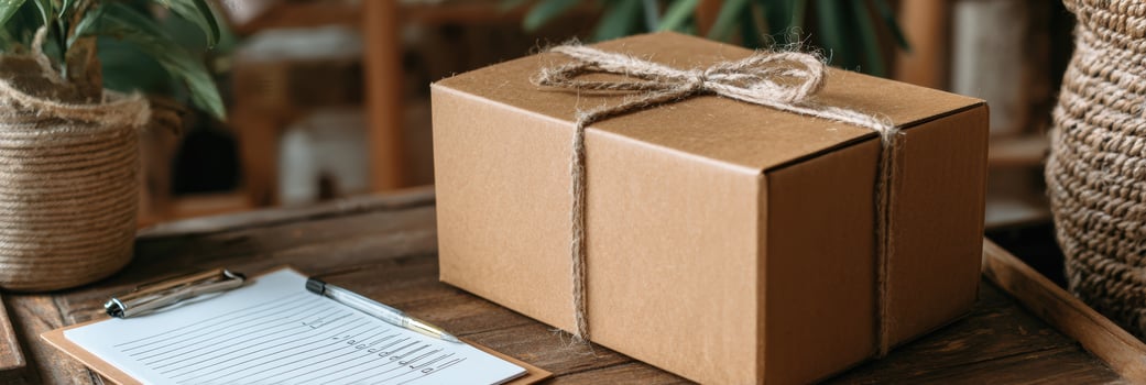 Checklist for Assembling a Care Package on a Wooden Table With a Brown Box and a Pen photo