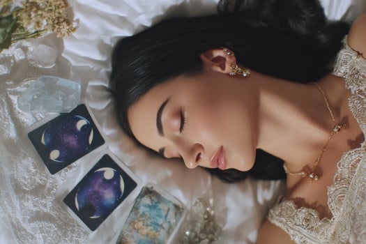 Fortune teller sleeping peacefully with tarot cards and crystals surrounding her photo