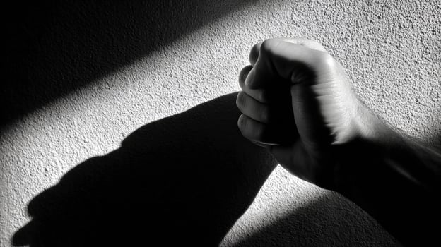 Clenched Fist Silhouette Casting a Long Shadow on a Textured Wall During Daylight in a Minimalist Setting photo