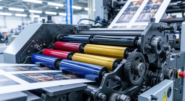 Industrial offset printing press with colorful rollers actively printing in a factory photo
