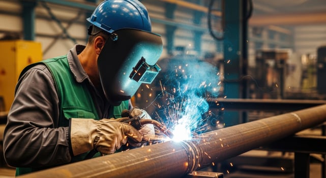 Skilled worker performing arc welding on a metal pipe in a busy industrial factory setting photo