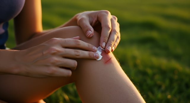 Applying Cream to Wound on Knee Outdoors in Natural Light photo