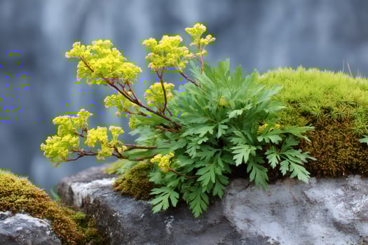 Yellow flowers and green moss growing on a rock near a waterfall photo