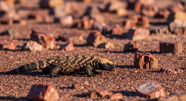 Gila monster walking on desert ground with tongue sticking out surrounded by rocks and pebbles photo