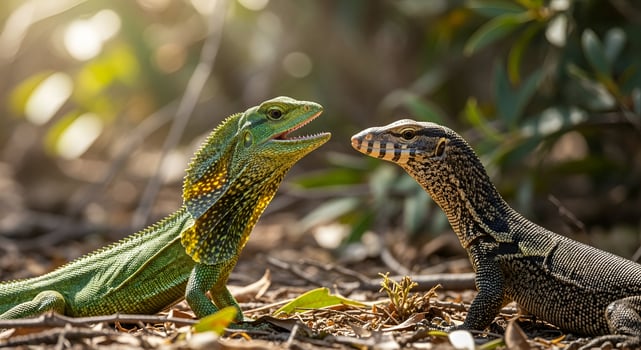 Two lizards facing each other in a natural setting with one having its mouth open and a blurred background photo