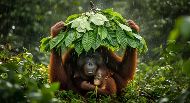 Orangutan mother holding leaves as umbrella protecting baby from rain in lush green environment photo