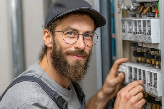 A man with a beard and glasses is working on an electrical panel photo