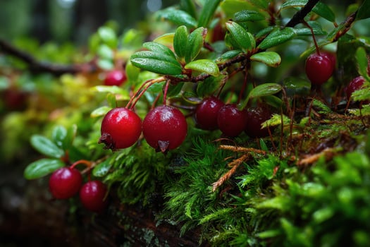 A close up of some red berries on a moss covered tree photo