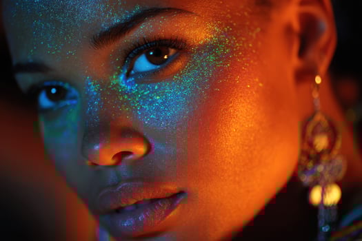 A woman with bright colored makeup and glitter on her face photo