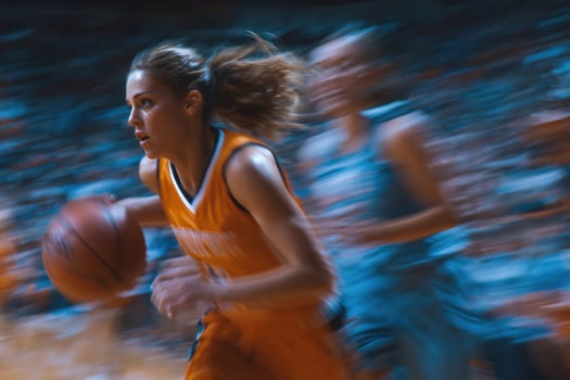 A woman in an orange uniform is running with a basketball photo