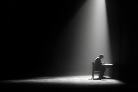 A man sitting at a table in the dark with a spotlight shining on him photo