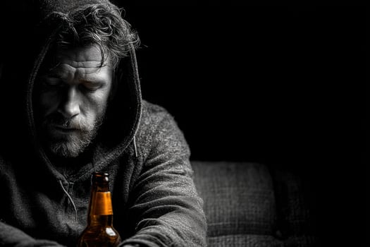 A man in a hoodie sitting on a couch with a beer bottle photo