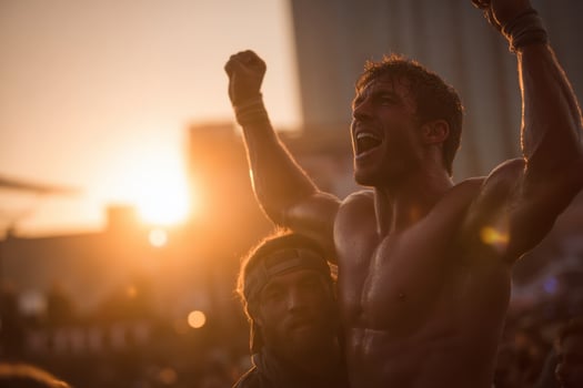 A shirtless man is raising his arms in the air at sunset photo