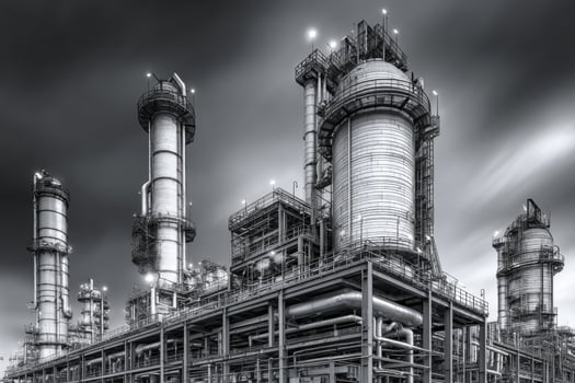 Black and white photo of oil refinery