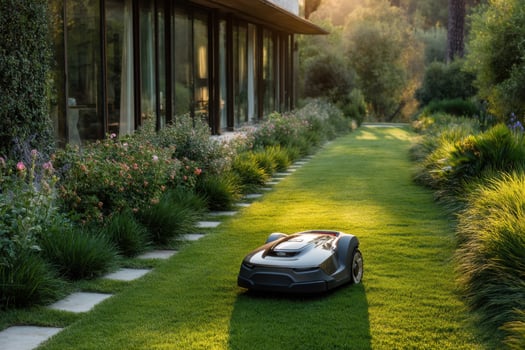 A robotic lawn mower is on the grass in front of a house photo
