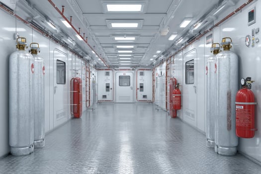 A long hallway with white and red fire extinguishers photo