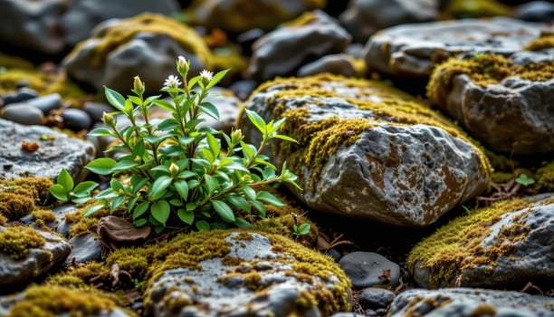 a wild shrub growing beside mossy stones photo