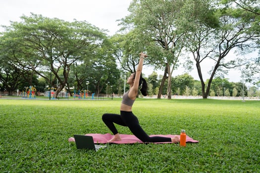 Dynamic yoga pose with focus on strength and flexibility. photo