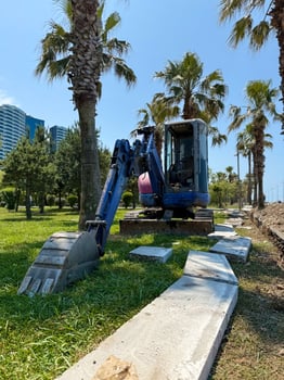 Excavator with Curved Concrete Pathway in Urban Tropical Setting photo