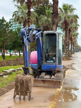 Blue-Pink Excavator with Muddy Bucket on Paved Path in Tropical Setting photo