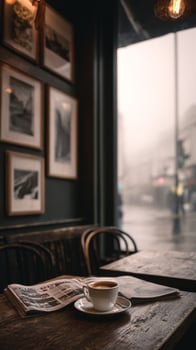 Cozy Cafe Interior With Coffee on Table During Rainy Day in Urban Setting photo