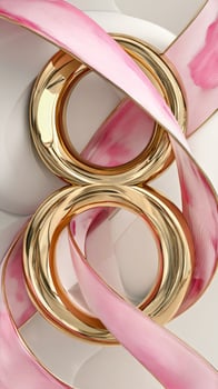 Elegant Wedding Rings Intertwined With Delicate Pink Ribbon on a Soft Surface photo
