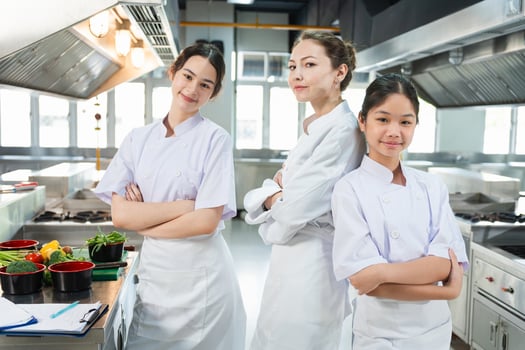 Confident Female Chefs and Students in a Professional Kitchen, Culinary Team with Mentor Posing in Chef Uniforms, Three Women in Chef's Whites Stands with Arms Crossed in a Commercial Kitchen photo