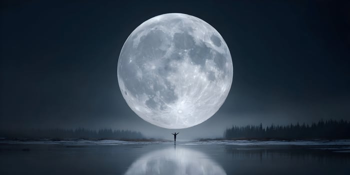 Person Silhouetted Against Enormous Moon Winter Landscape photo