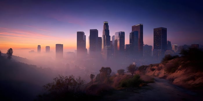Los Angeles Cityscape Sunrise Fog City Buildings Skyline photo