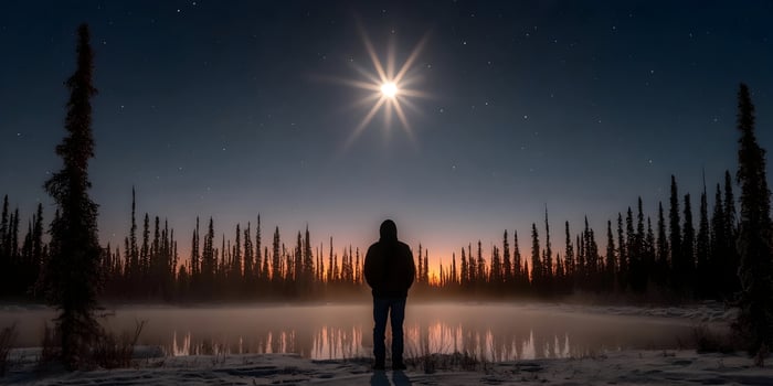 Silhouette Person Winter Night Landscape Starry Sky Bright Moon Calm Lake Snowy Trees photo