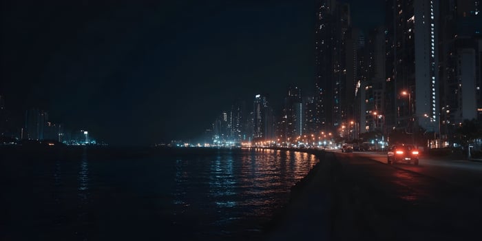 Night Cityscape Skyline Panoramic View Dark City Night City Lights Ocean Waterfront Road Car photo