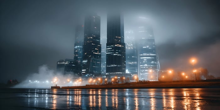 Night Cityscape Modern Skyscrapers Fog City Illumination photo