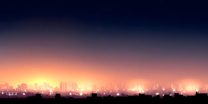 Cityscape at Dawn Orange Sky Skyline Illustration photo